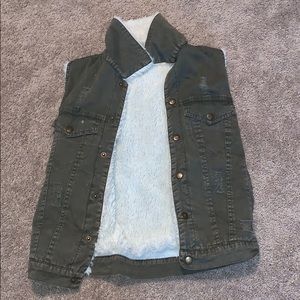 Army Green Denim Fur Vest